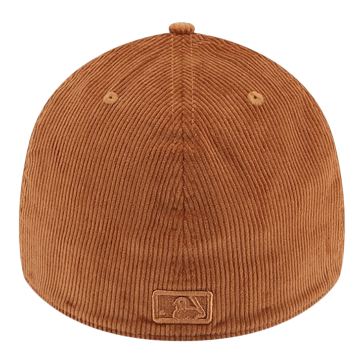 HypeSelection dark beige corduroy fitted hat with royal blue visor and embroidered Dodgers logo. Features MLB Batterman logo and green undervisor.