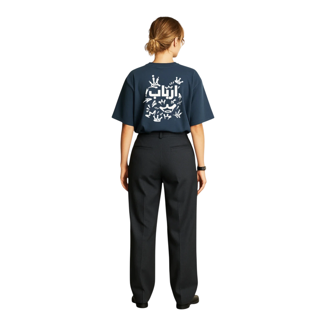HypeSelection dark blue 100% terry cotton oversized t-shirt with Arabic graphic and crown print.