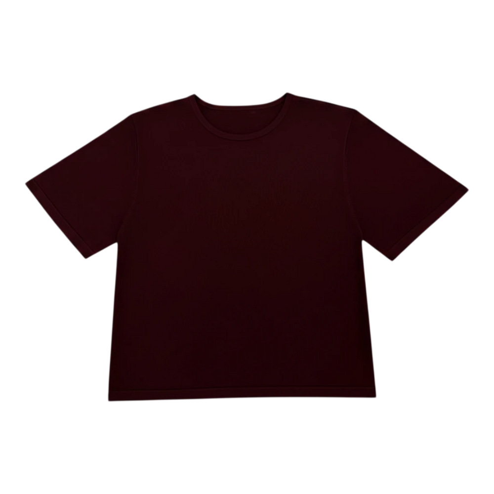 HypeSelection women's dark brown boxy knit t-shirt made from a soft viscose-blend fabric.
