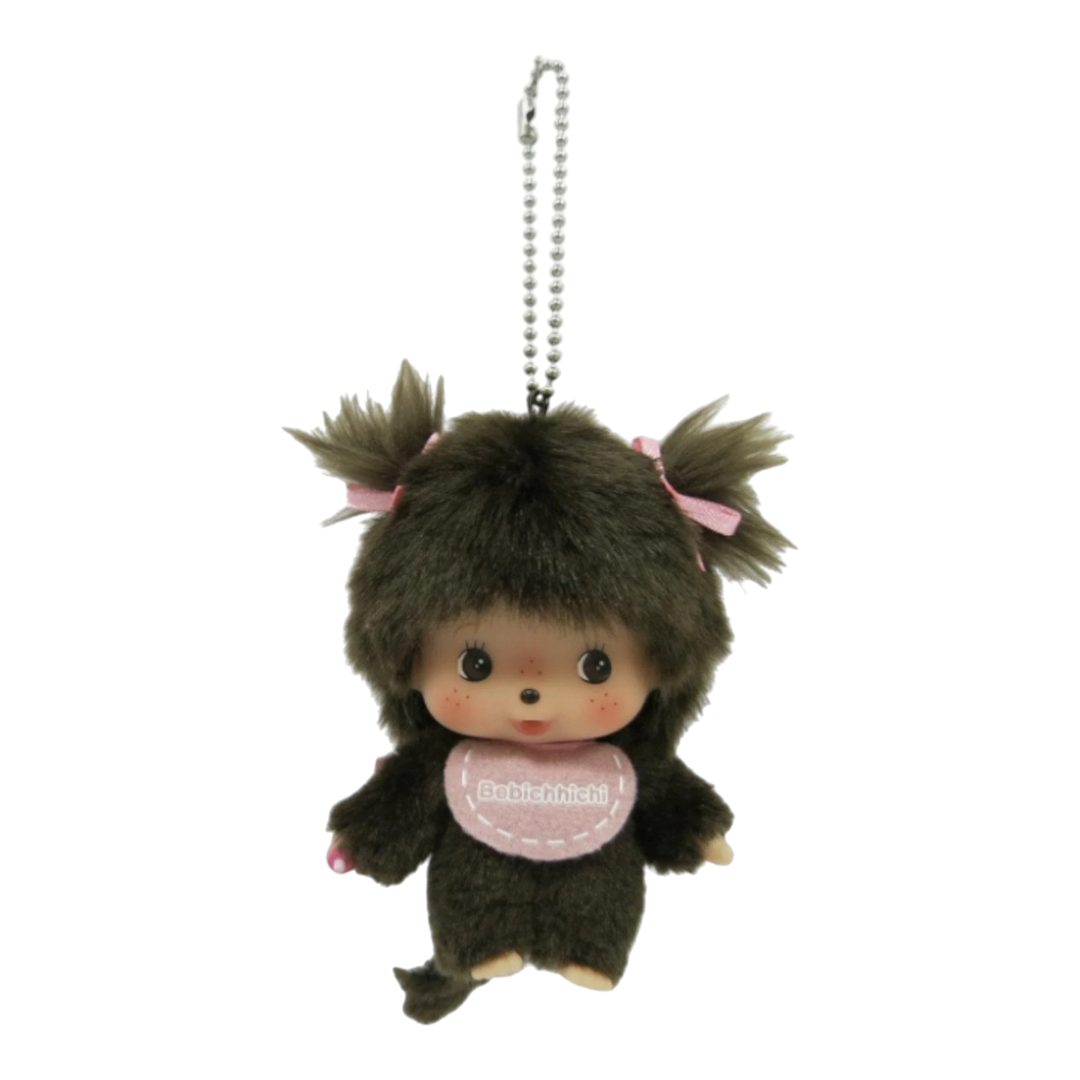HypeSelection dark brown plush Monchhichi Babychhichi Girl SS keychain with pink bows and bib