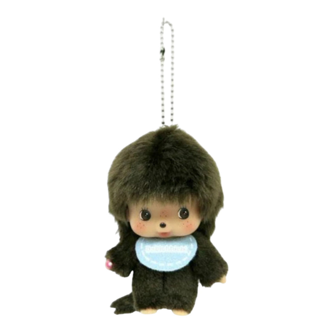 HypeSelection dark brown Monchhichi Babychhichi Boy SS plush keychain with big face and blue bib.