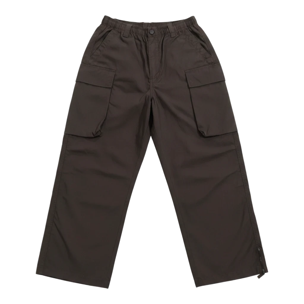 HypeSelection dark brown wide fit cargo pants made from a cotton-nylon blend with elastic waistband and snap closure cargo pockets.