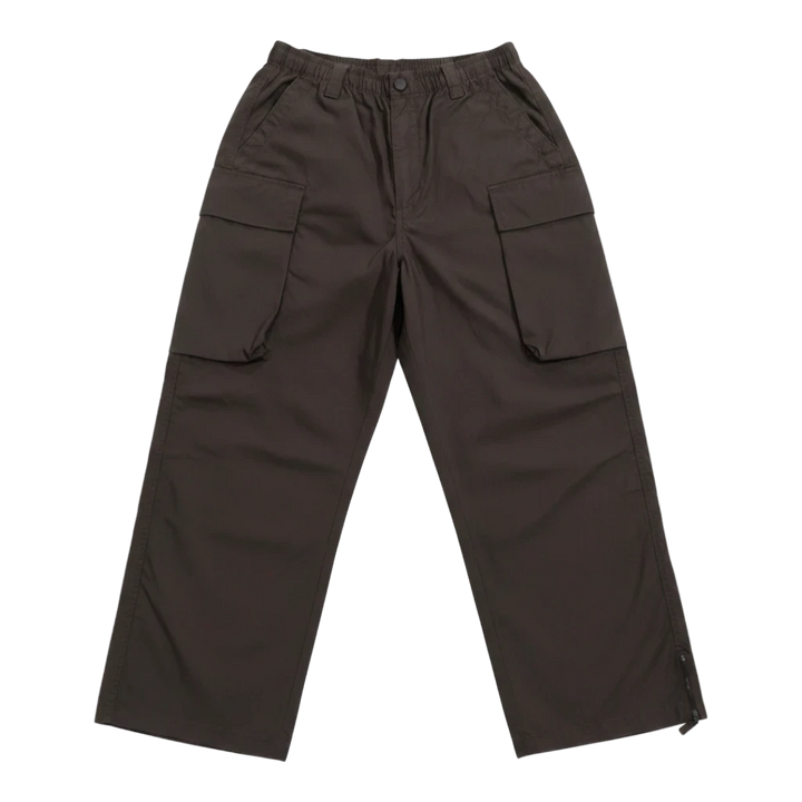 HypeSelection dark brown wide fit cargo pants made from a cotton-nylon blend with elastic waistband and snap closure cargo pockets.