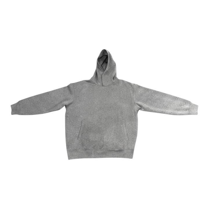 HypeSelection dark gray oversized cotton-blend hoodie with a structured 3D hood and front pocket. Minimalist streetwear style.