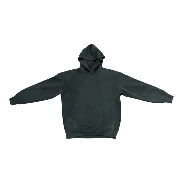 HypeSelection dark green oversized cotton-blend hoodie with a structured 3D hood and front pockets, no drawstrings.