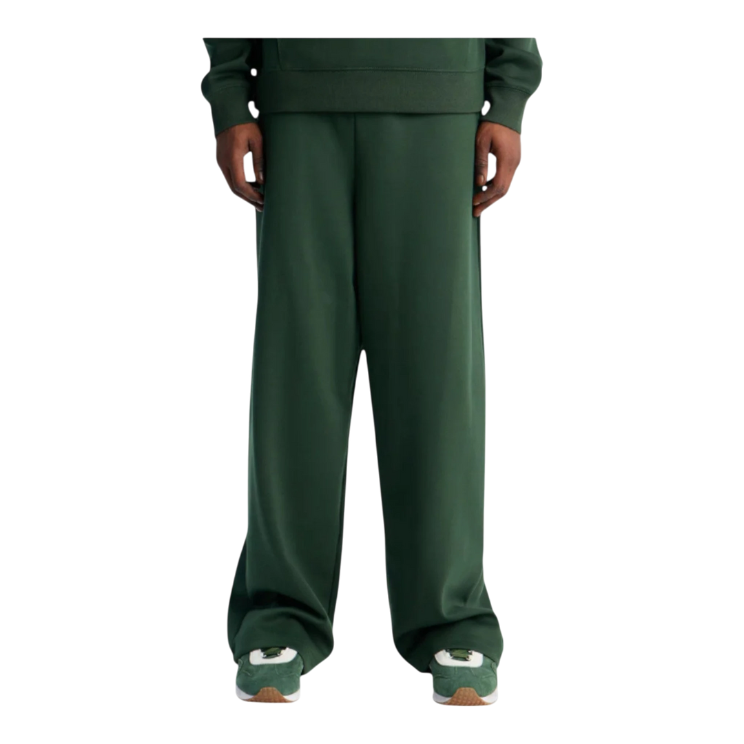 HypeSelection dark green wide-leg sweatpants with adjustable hem drawstrings and elastic waistband, made from cotton and polyester blend.