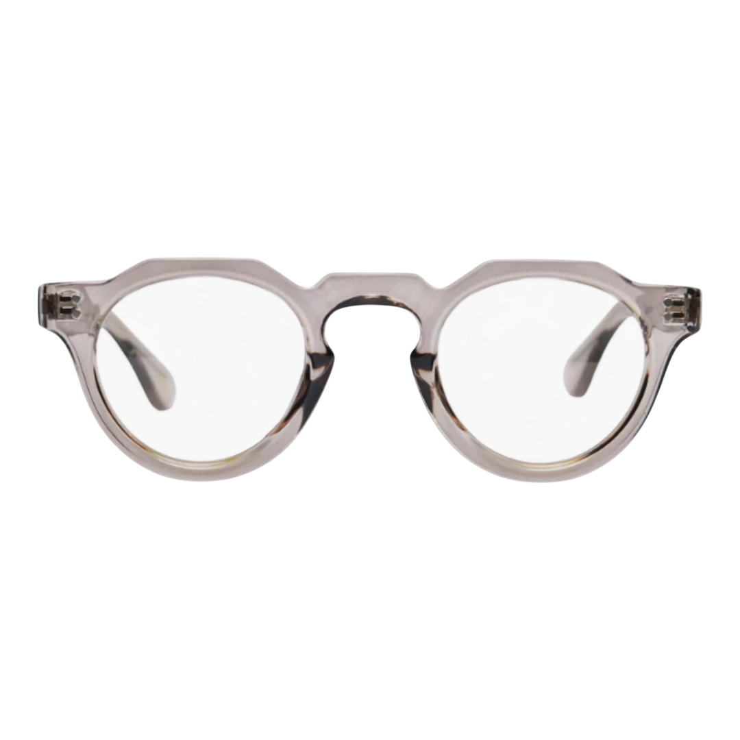 HypeSelection Ryoko Timeless Tourist sunglasses with translucent dark grey acetate frame and clear round lenses.