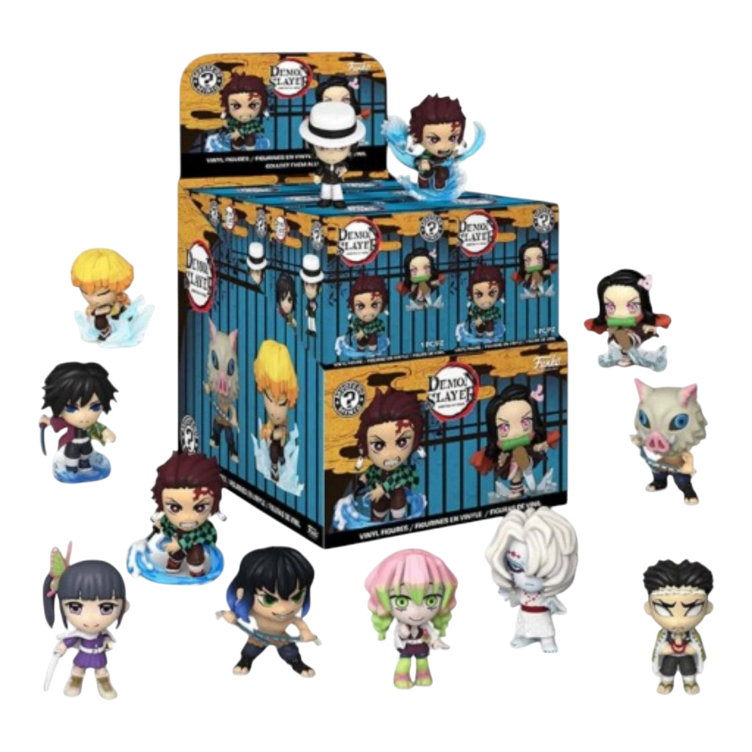 HypeSelection Funko Mystery Minis Demon Slayer vinyl figures display box with assorted characters like Tanjiro, Nezuko, and Inosuke.