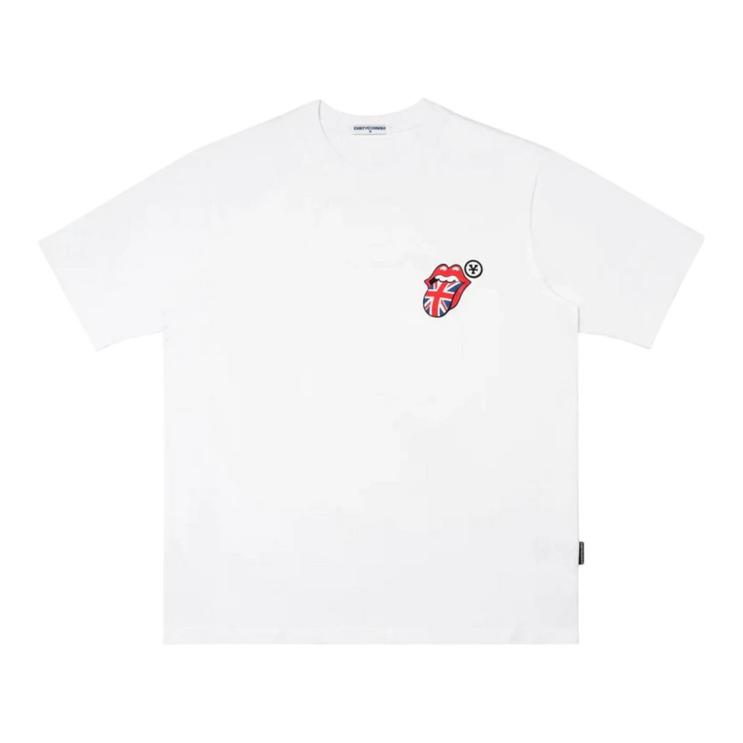 HypeSelection white cotton t-shirt with DirtyCoins x Rolling Stones UK logo graphic on chest.
