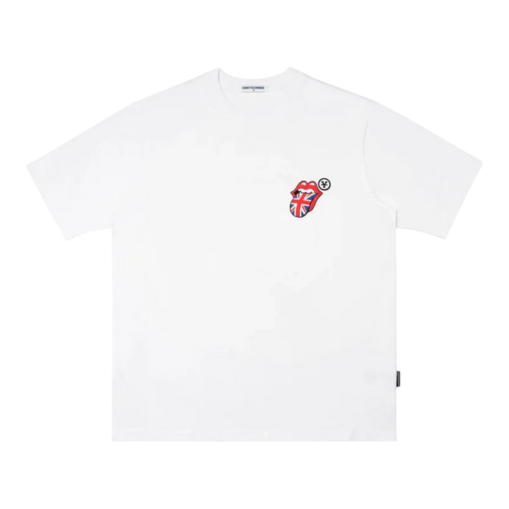 HypeSelection white cotton t-shirt with DirtyCoins x Rolling Stones UK logo graphic on chest.