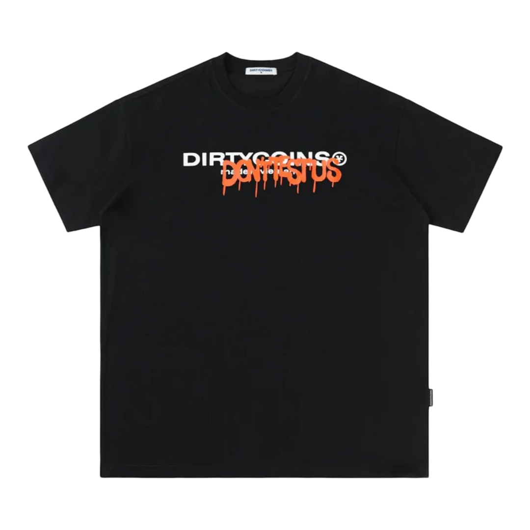 HypeSelection black cotton t-shirt with DirtyCoins spray logo graphic. Regular fit, urban streetwear style.