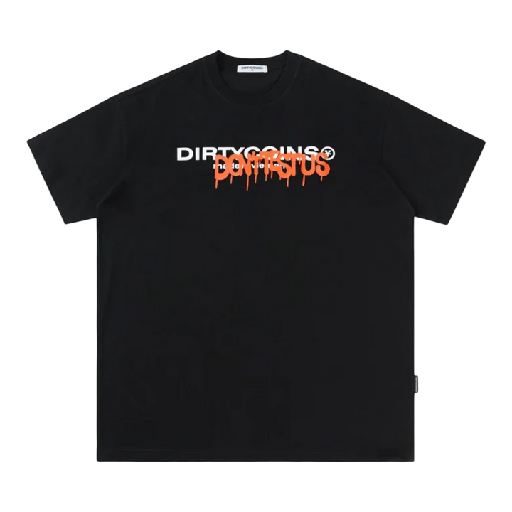 HypeSelection black cotton t-shirt with DirtyCoins spray logo graphic. Regular fit, urban streetwear style.