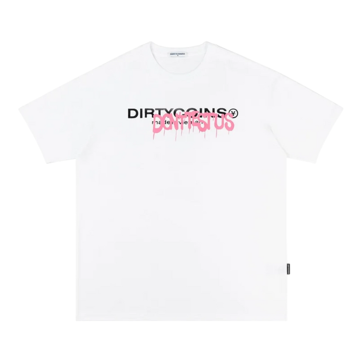 HypeSelection white cotton t-shirt with DirtyCoins spray logo graphic and regular fit.