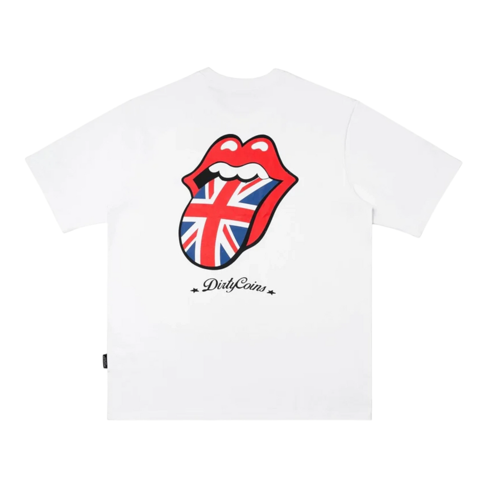 HypeSelection white cotton t-shirt with DirtyCoins x Rolling Stones UK Logo graphic. Regular fit.