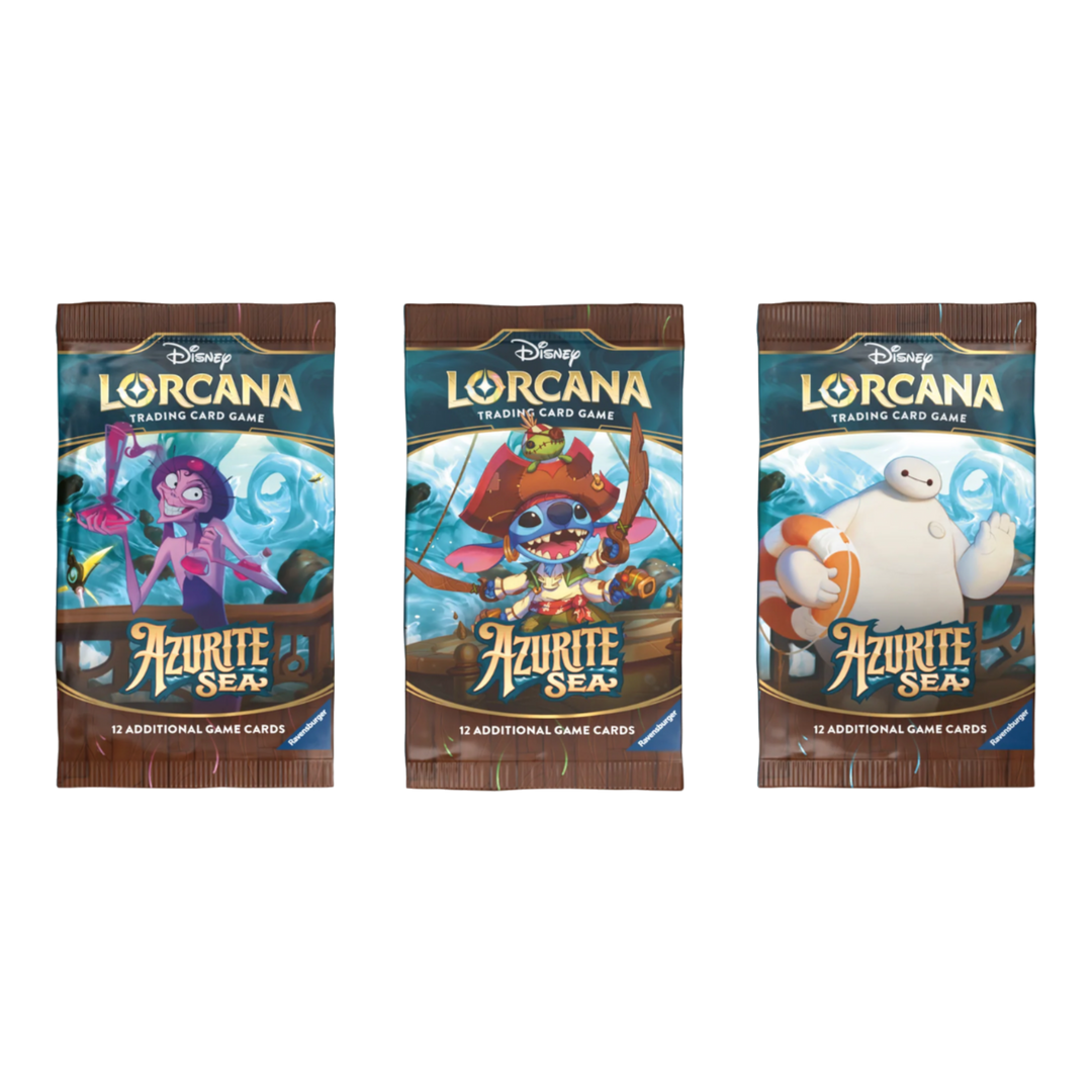 HypeSelection Disney Lorcana Azurite Sea booster packs featuring Yzma, Stitch, and Baymax character artwork