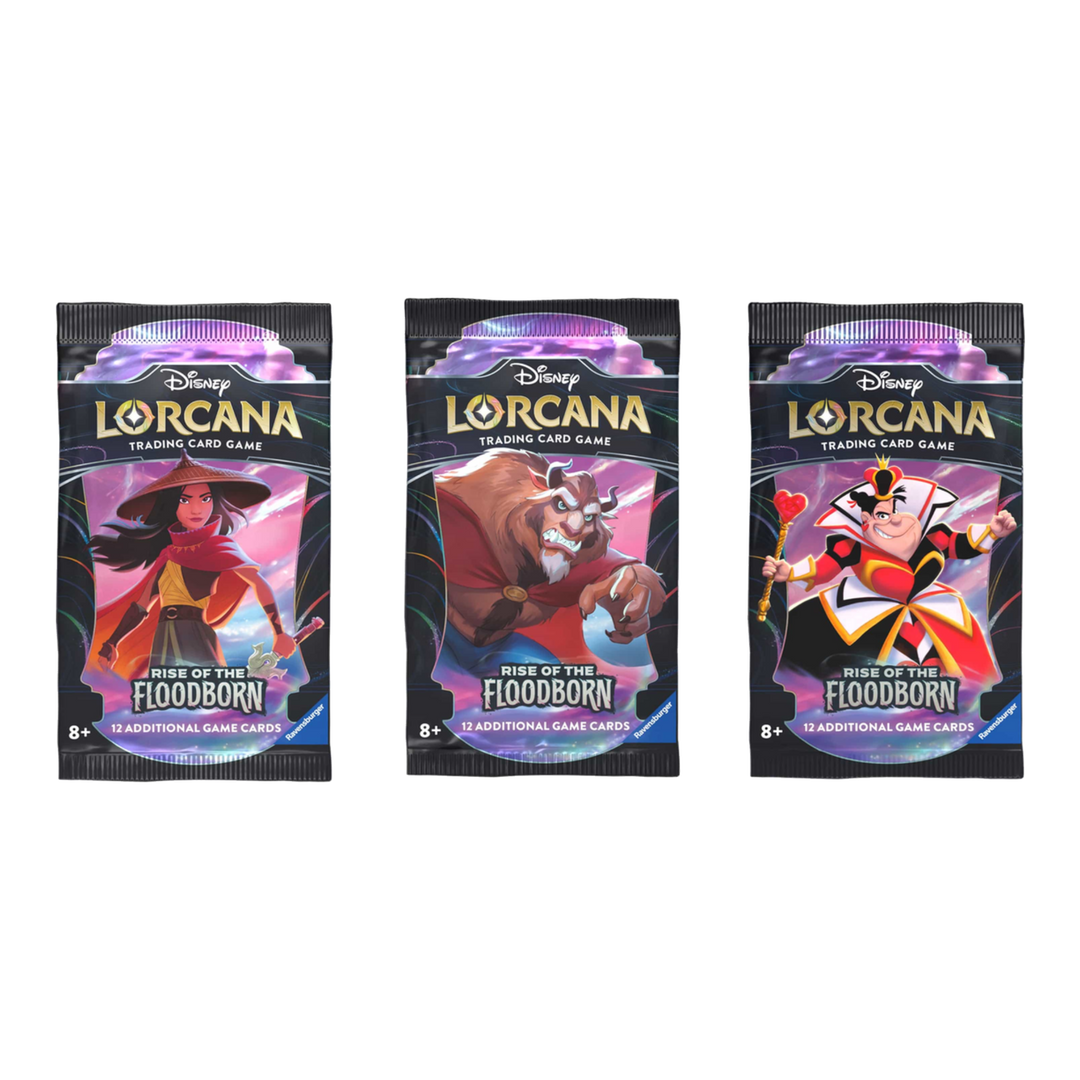 HypeSelection Disney Lorcana Rise of the Floodborn booster packs featuring Mulan, Beast, and Queen of Hearts artwork.