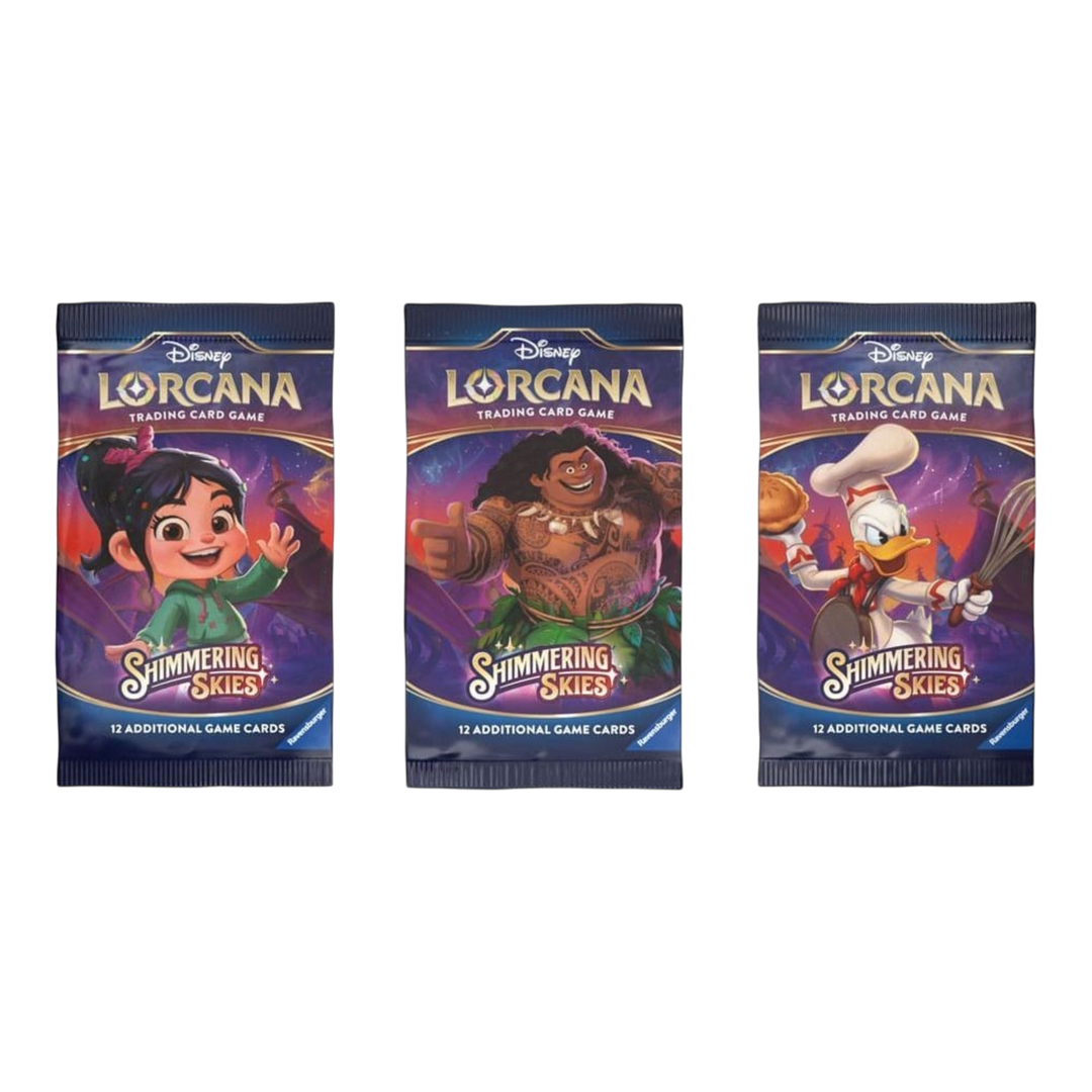 HypeSelection Disney Lorcana Shimmering Skies booster packs featuring Vanellope, Maui, and Donald Duck character art.