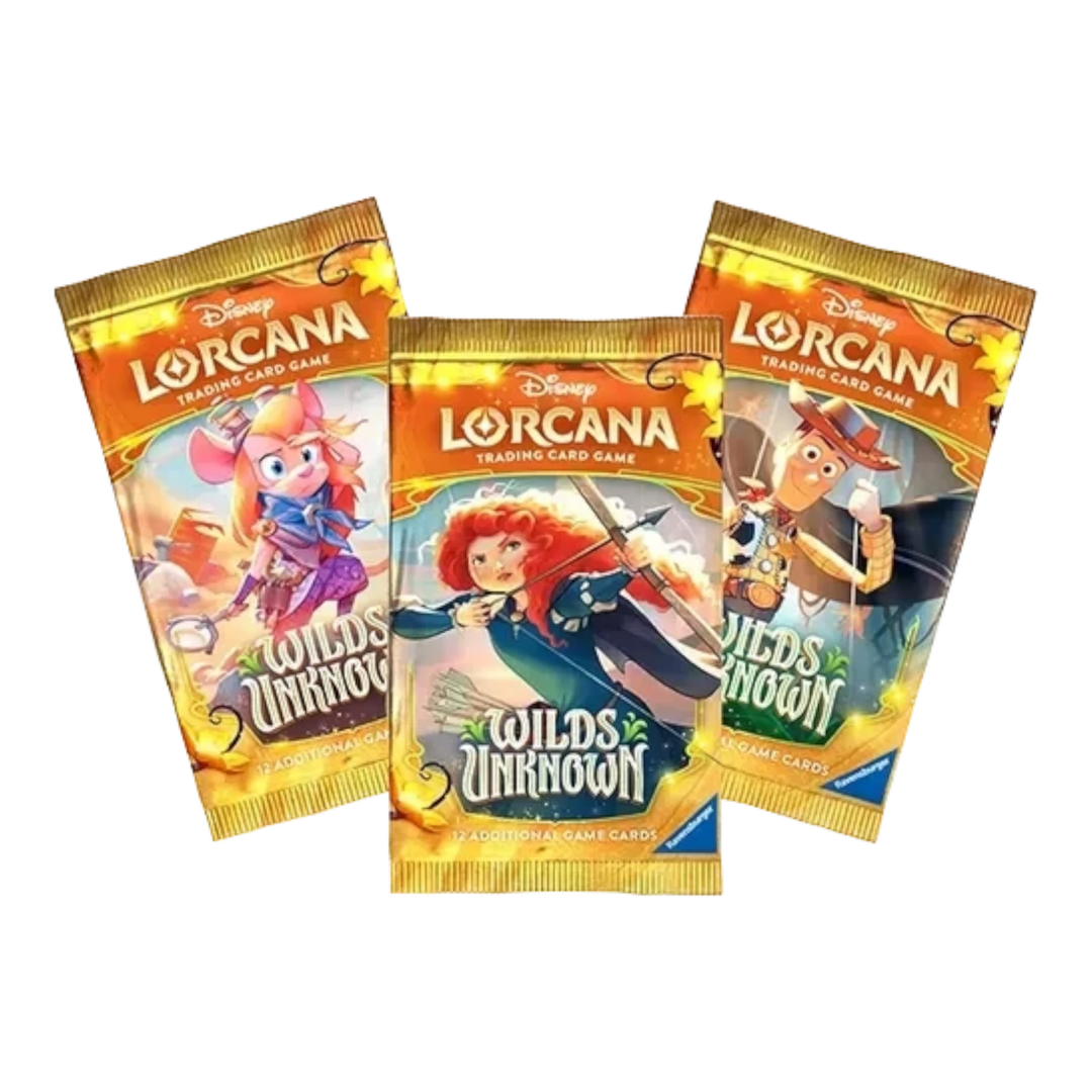HypeSelection Disney Lorcana Wilds Unknown booster packs featuring Merida, Woody, and other characters in golden packaging