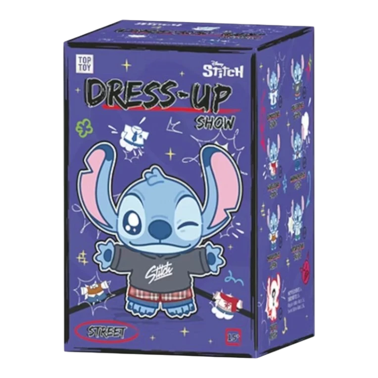 HypeSelection Disney Stitch Dress Up Show Series plush blind box featuring Stitch in a grey hoodie and plaid shorts.