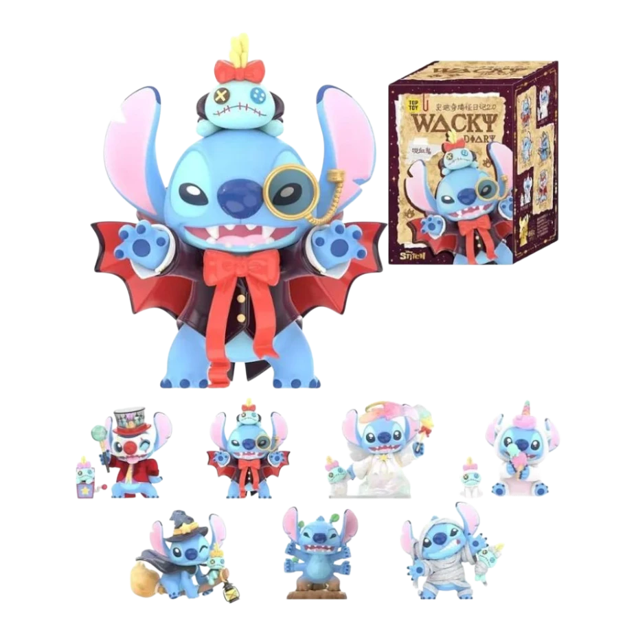 HypeSelection Disney Stitch Wacky Diary 2.0 blind box figure, Stitch dressed as a vampire with a monocle and a small plush on his head.