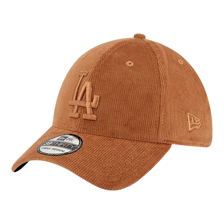 HypeSelection New Era Los Angeles Dodgers dark beige corduroy fitted hat with embroidered LA logo and green undervisor.