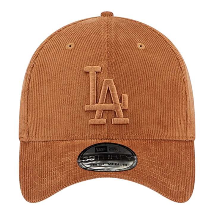 New Era Los Angeles Dodgers corduroy fitted hat in dark beige with embroidered LA logo and royal blue visor.