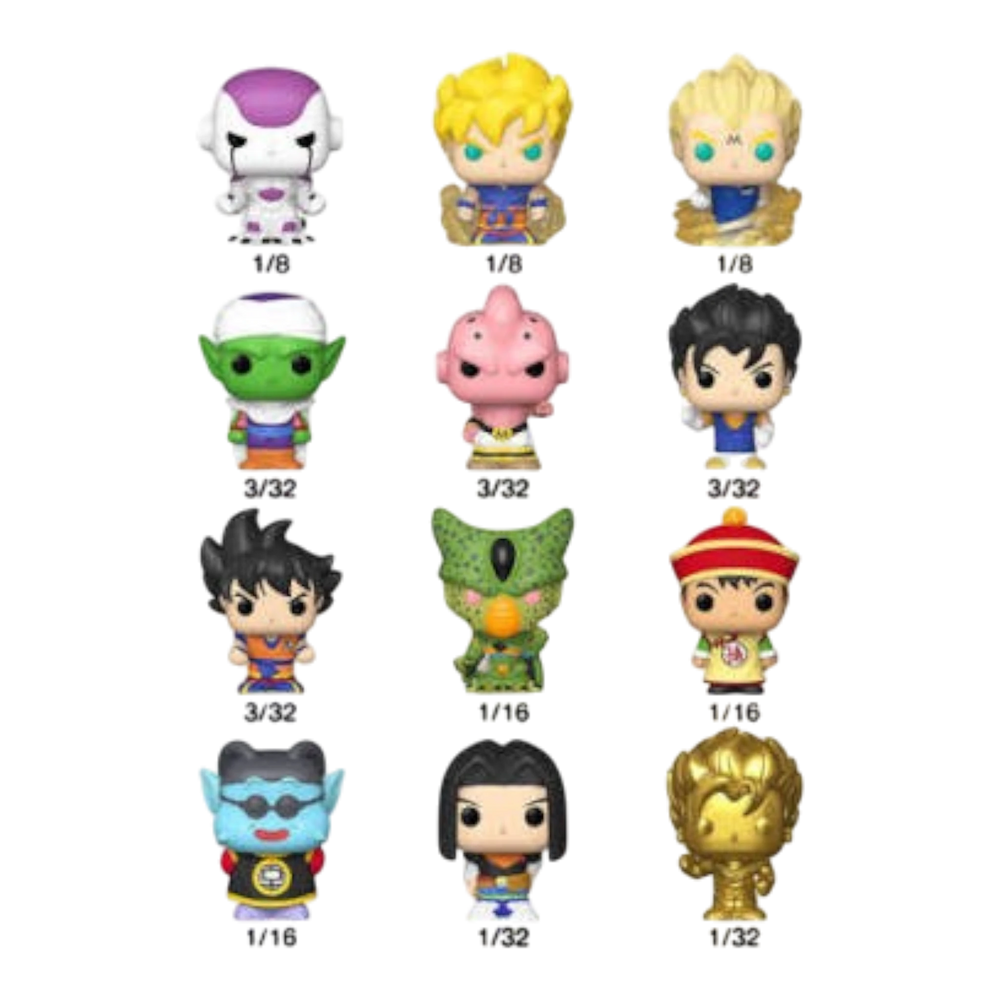HypeSelection Funko Bitty Pop! Dragon Ball Z collection featuring 12 miniature vinyl figures in a grid layout.