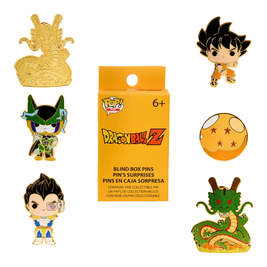 HypeSelection Dragon Ball Z Funko Loungefly blind box enamel pins featuring Goku, Vegeta, Cell, and Shenron characters.