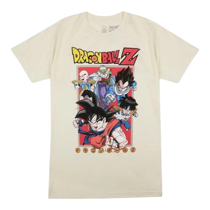 HypeSelection cream cotton DragonBall Z graphic tee featuring Goku, Vegeta, Piccolo, and Gohan.
