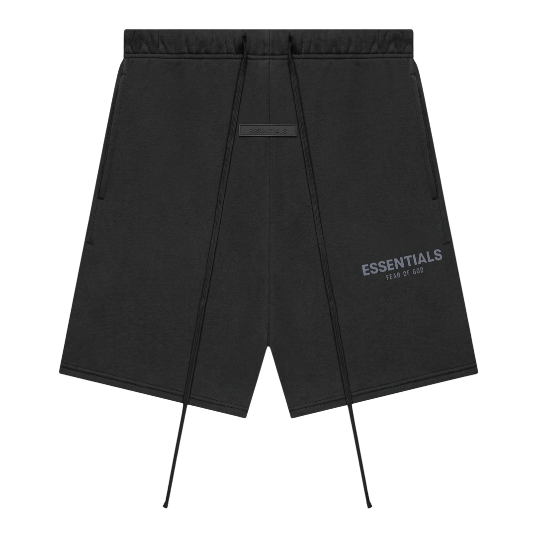HypeSelection Fear of God Essentials black cotton-blend shorts with elastic drawstring waist and logo branding.