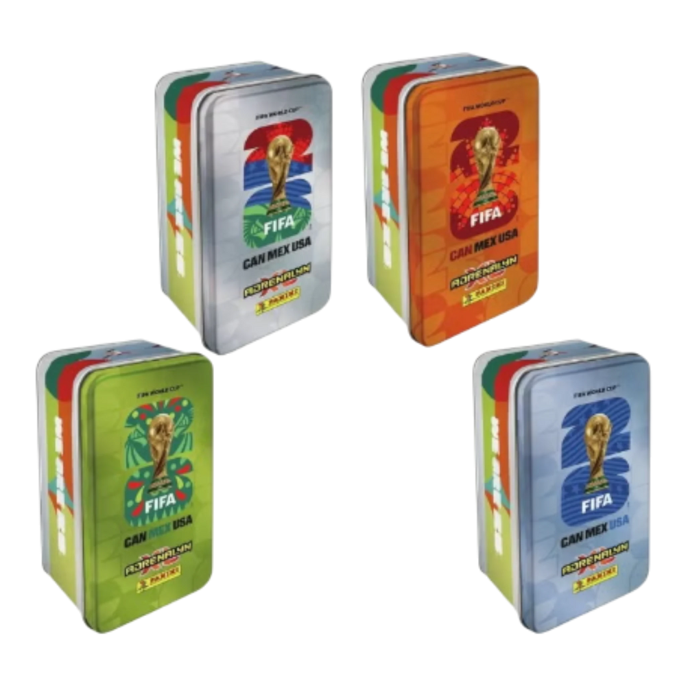 HypeSelection Panini FIFA World Cup 2026 Classic Tin in silver, orange, green, and blue designs. Metal collector's tin.
