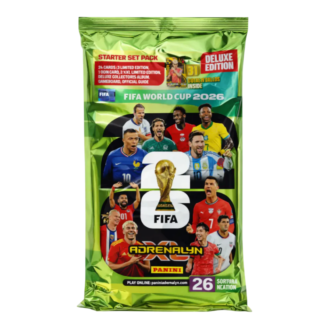 Panini FIFA World Cup 2026 Adrenalyn XL Starter Pack with 24 cards, 1 Limited Edition, 1 Golden Baller, binder, gameboard, and guide.