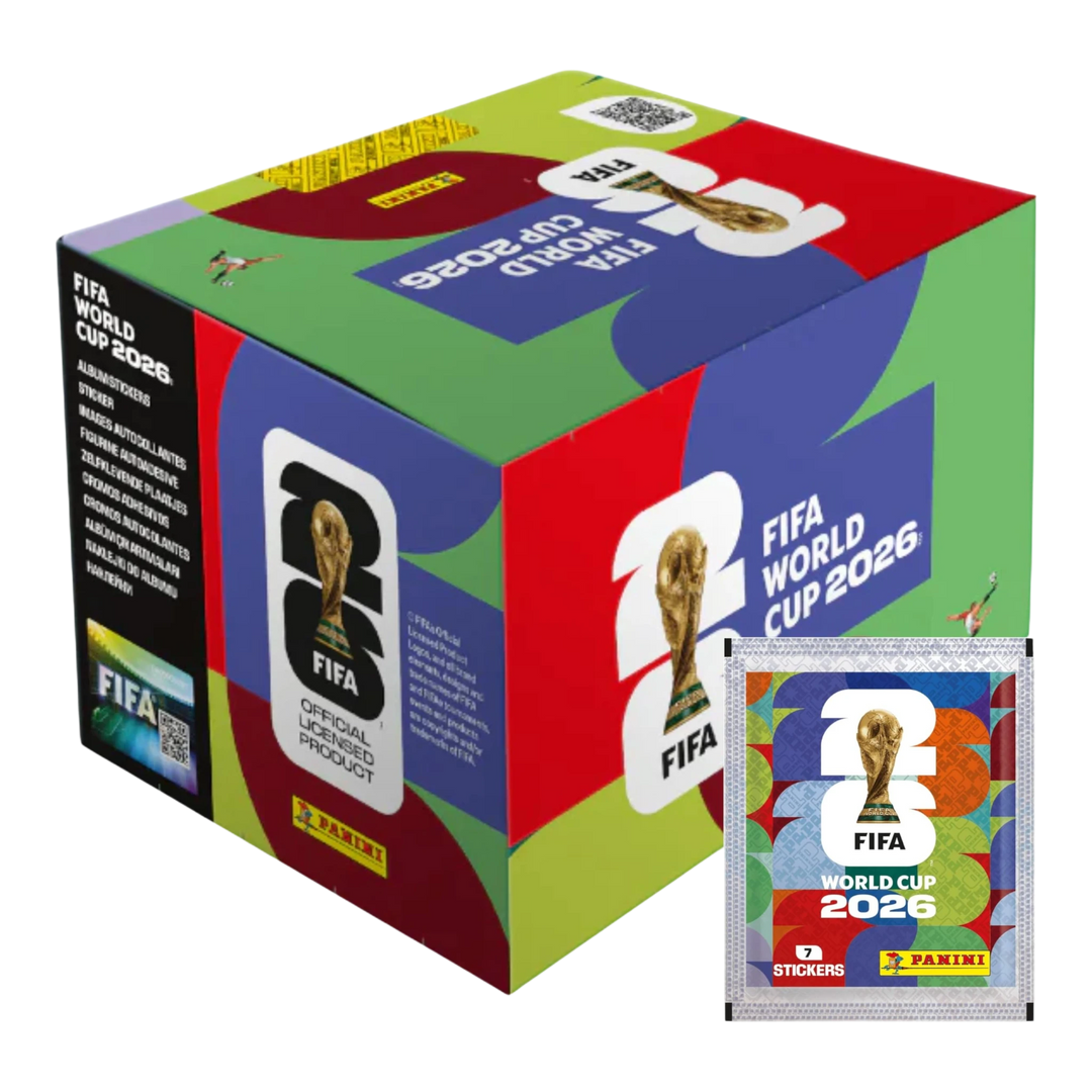 HypeSelection sealed Panini FIFA World Cup 2026 sticker display box with 50 packets and one individual sticker pack.