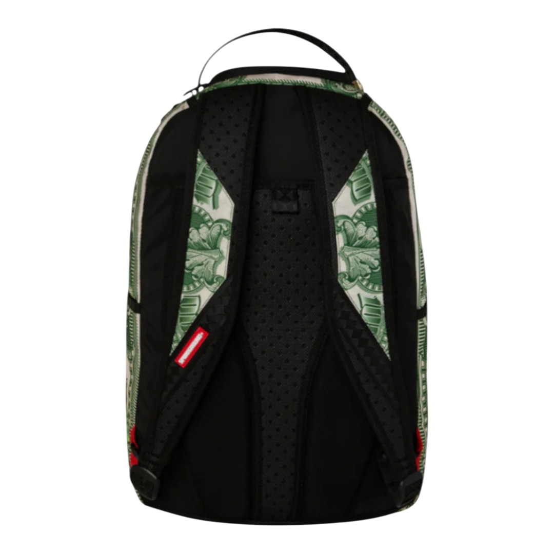 HypeSelection Sprayground Fly Bear 2 backpack with dollar bill print and black padded straps.