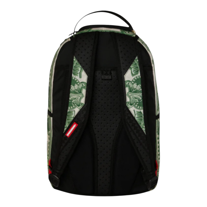 HypeSelection Sprayground Fly Bear 2 backpack with dollar bill print and black padded straps.