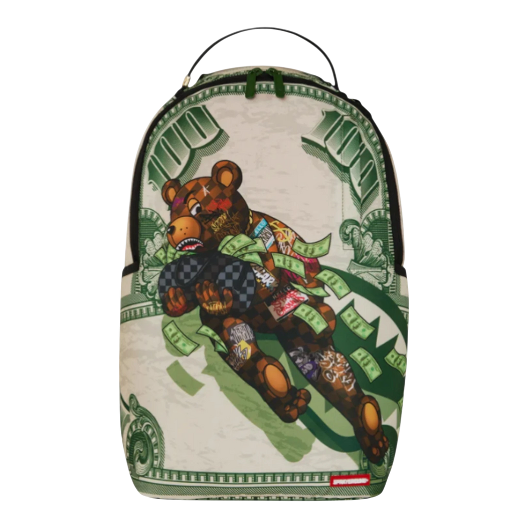 HypeSelection Fly Bear 2 backpack with a graphic of a bear covered in money and graffiti, on a dollar bill background.