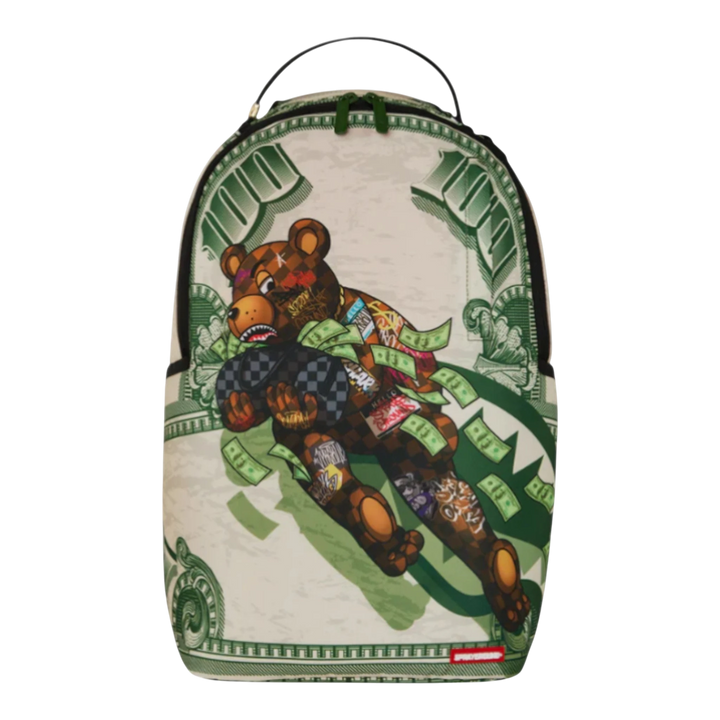 HypeSelection Fly Bear 2 backpack with a graphic of a bear covered in money and graffiti, on a dollar bill background.