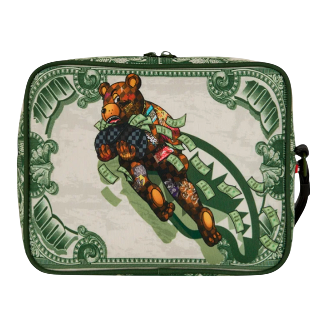 HypeSelection Sprayground Fly Bear 2 toiletry bag with a graphic of a bear running with money. Features a dollar bill border.