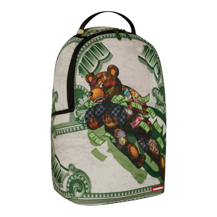 HypeSelection Fly Bear 2 backpack with money graphic and bear design, made of durable synthetic leather.