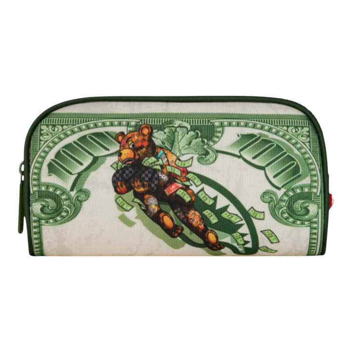 HypeSelection Fly Bear 2 Pouch with playful bear graphic on a dollar bill background. Durable synthetic leather with zip closure.