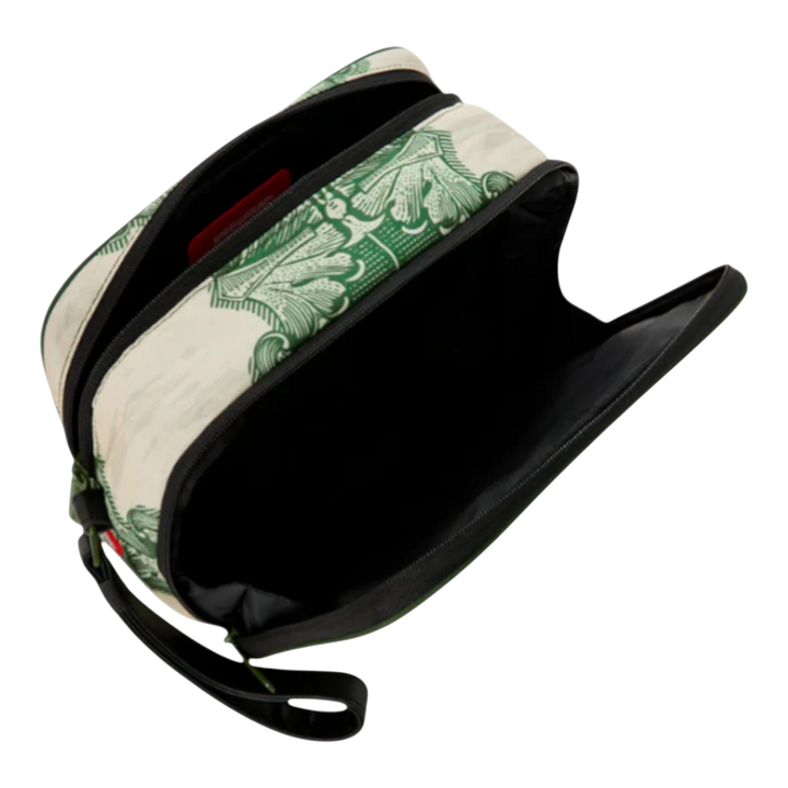 HypeSelection Sprayground Fly Bear 2 toiletry bag in cream with green dollar bill print. Features a structured design, zip closure, and wrist strap.