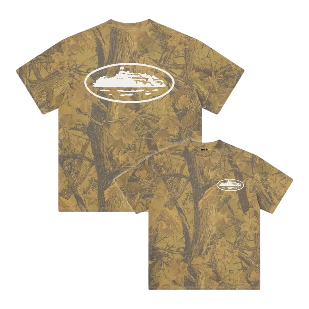 HypeSelection forest camo print t-shirt with white puff print island graphic on chest and back, 100% cotton.