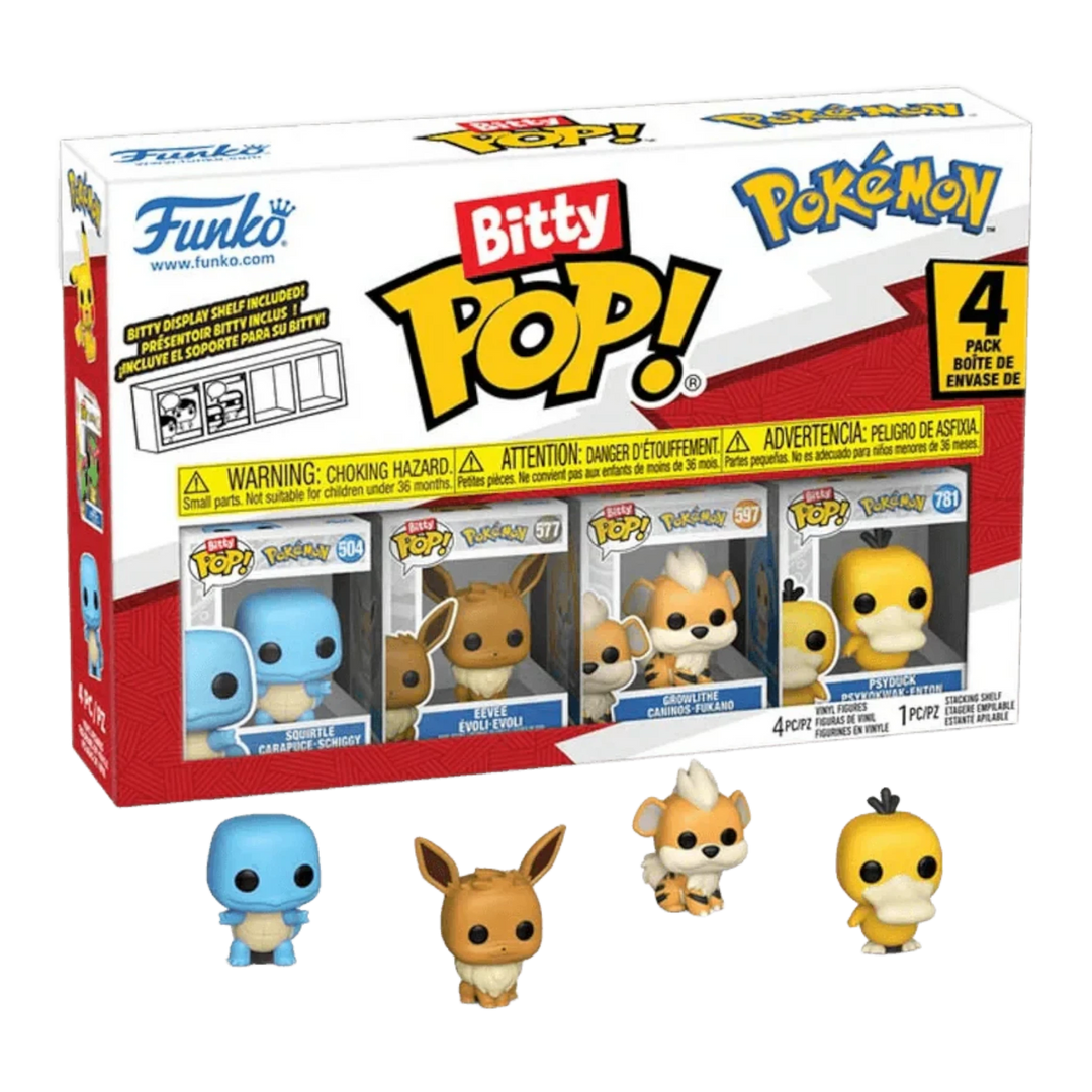 HypeSelection Funko Bitty Pop! Pokemon 4-pack featuring miniature vinyl Squirtle, Eevee, Growlithe, and Psyduck figures.