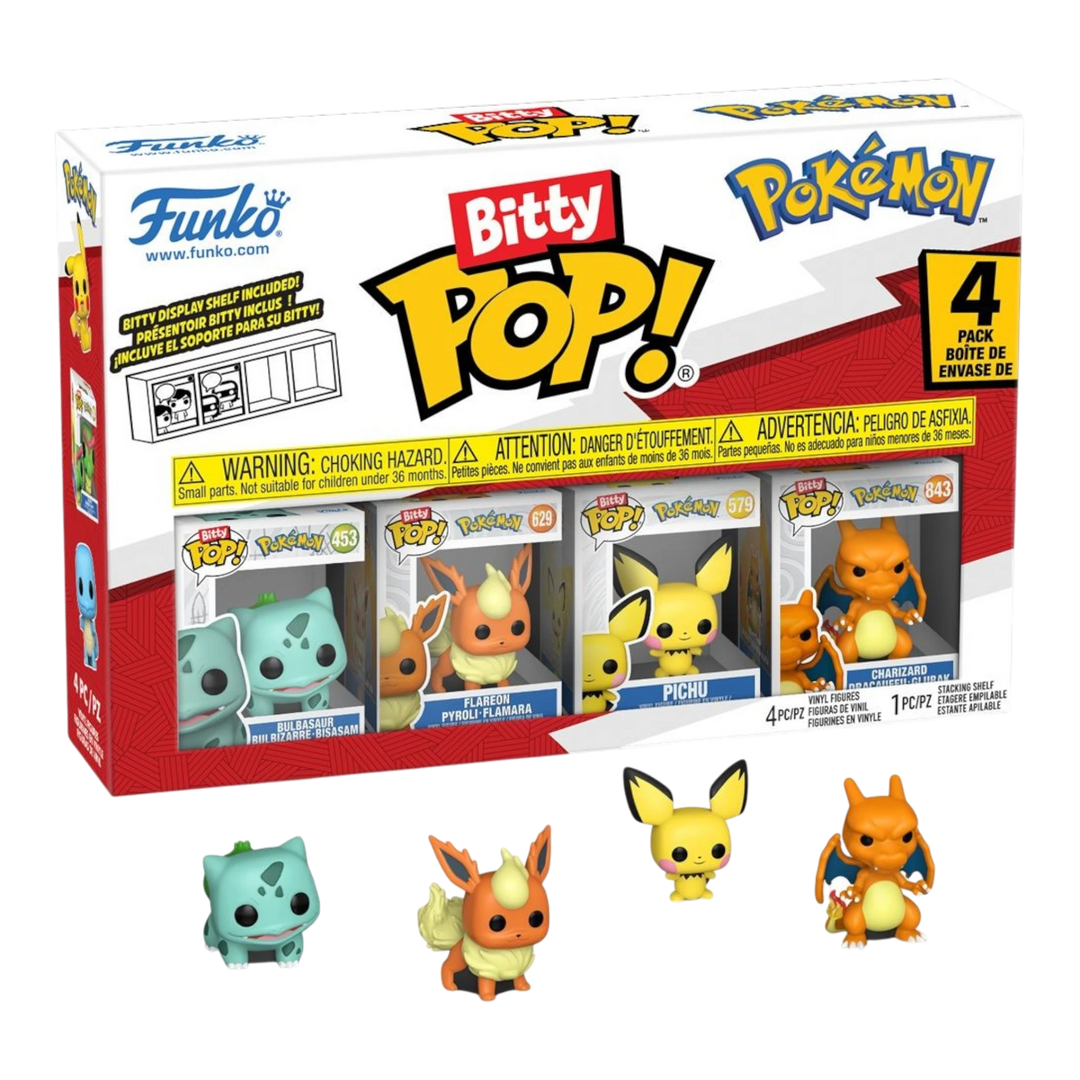 HypeSelection Funko Bitty Pop! Pokemon 4-pack featuring Bulbasaur, Flareon, Pichu, and Charizard vinyl figures.