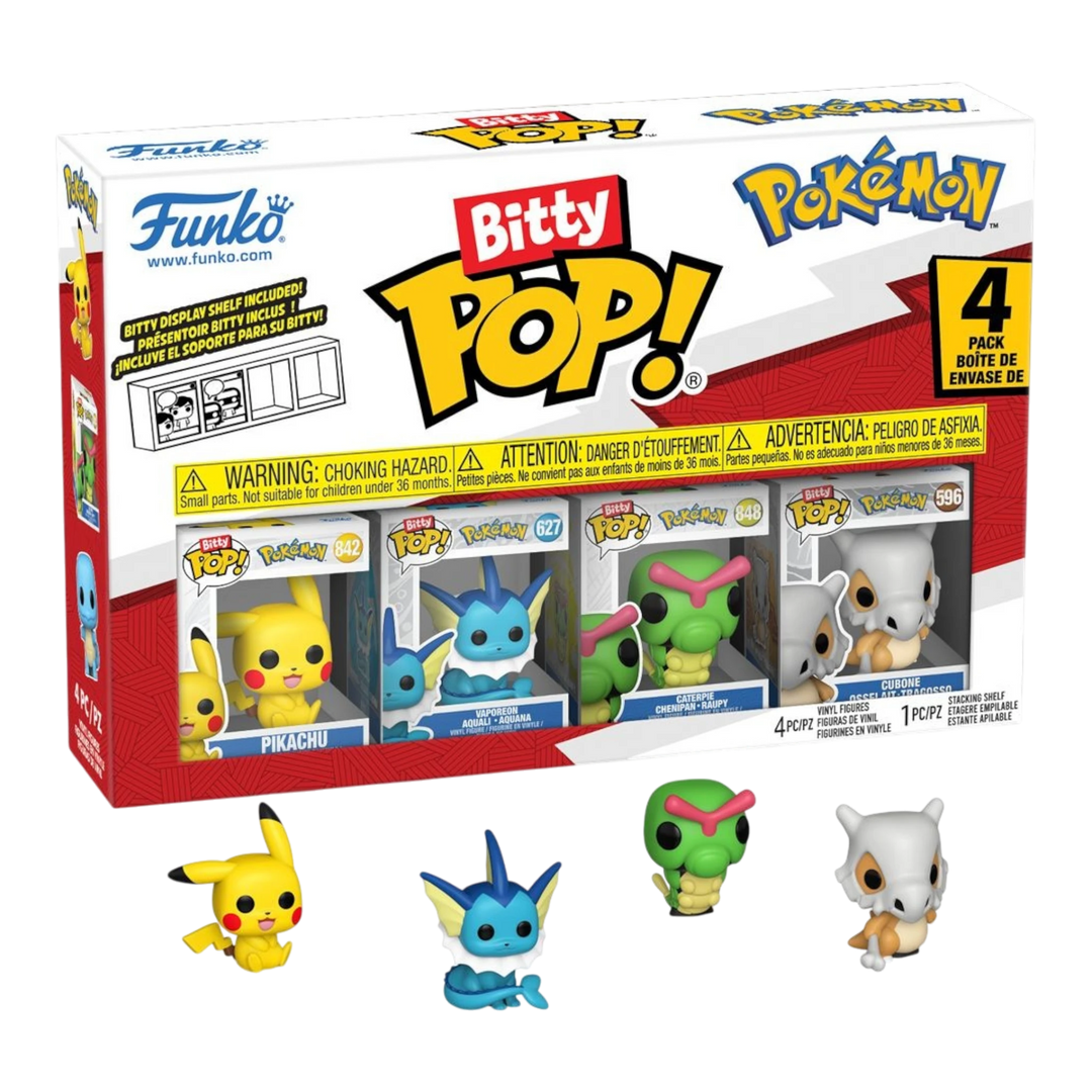 HypeSelection Funko Bitty Pop! Pokemon 4-pack featuring miniature vinyl Pikachu, Vaporeon, Caterpie, and Cubone figures.