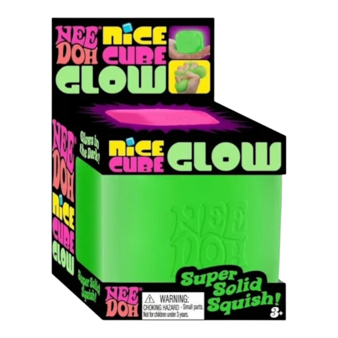 HypeSelection NeeDoh Nice Cube Glow sensory fidget toy in bright green, glows in the dark, TPR shell, 2.25 inch cube.