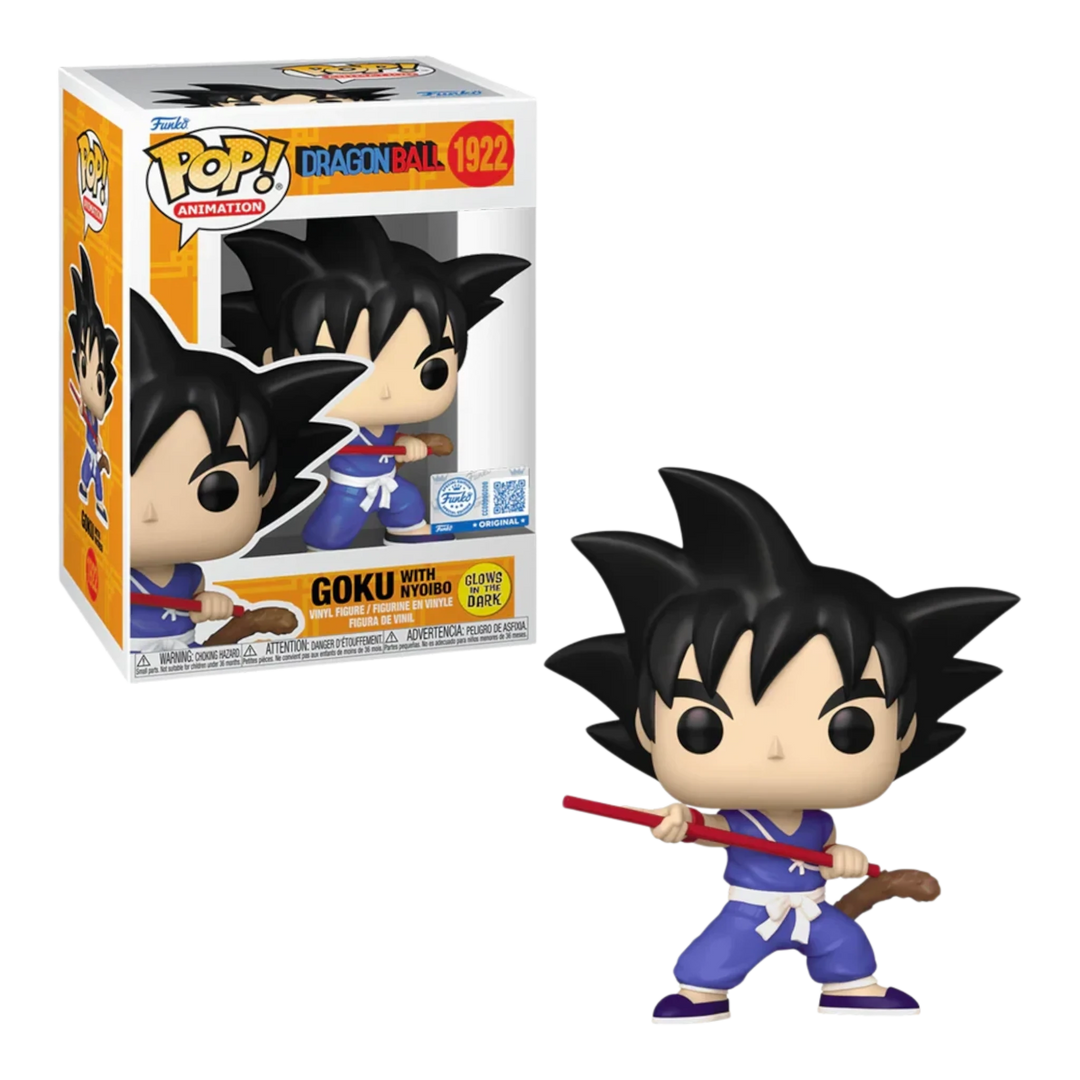 HypeSelection Funko Pop Goku with Nyoibou vinyl figure in orange gi holding a red power pole, glow-in-the-dark design.