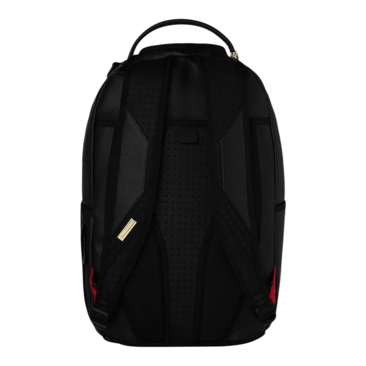 HypeSelection Sprayground Gold Brick Luxe backpack, black PVC with red accents, ergonomic mesh back padding, and adjustable straps.