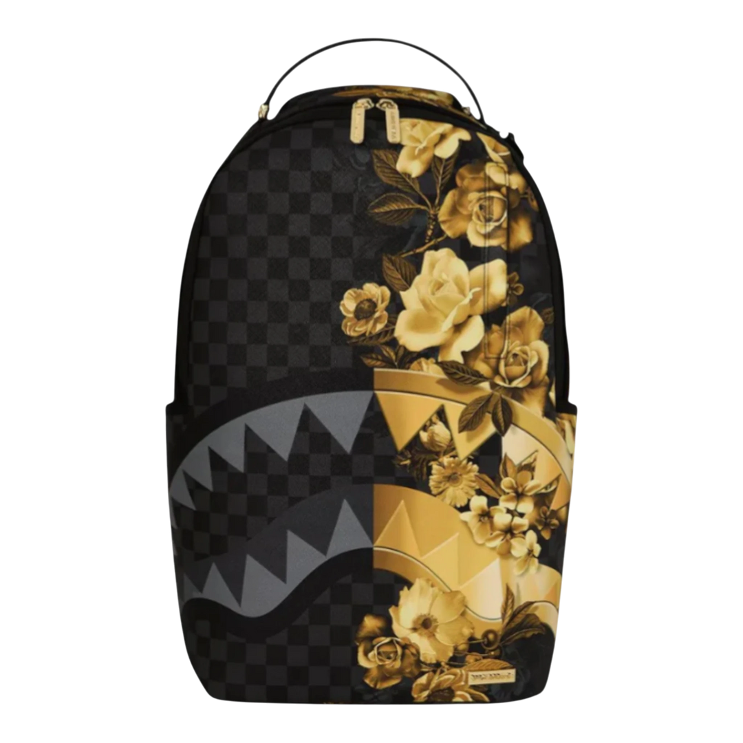 HypeSelection black backpack with gold floral print and shark teeth graphic. Durable synthetic leather with adjustable straps.