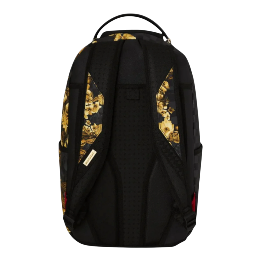 HypeSelection Gold Floral Remix Backpack with black base, gold floral detailing, padded straps, and mesh back.